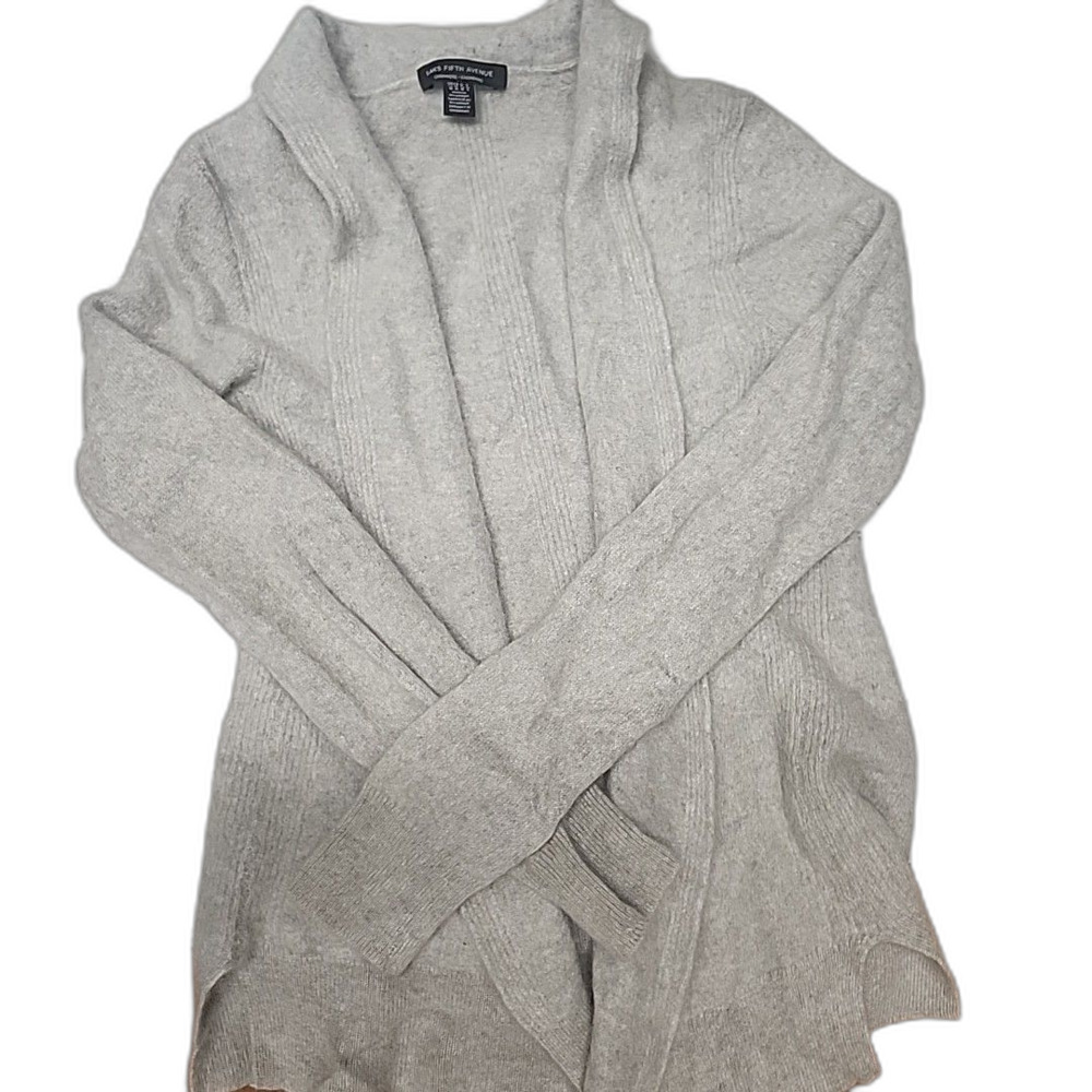 Saks Fifth Avenue 100% Cashmere Open Front Waterfall Cardigan Gray Sz M Flowy